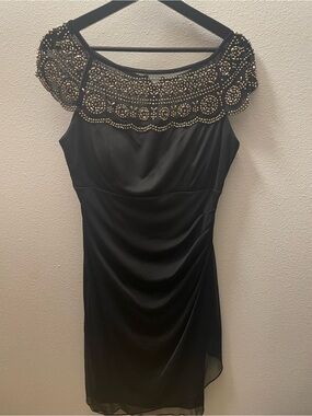 MSK - Black Ruched Sheath Dress - Gold Beaded Detail - Formal - Size 8